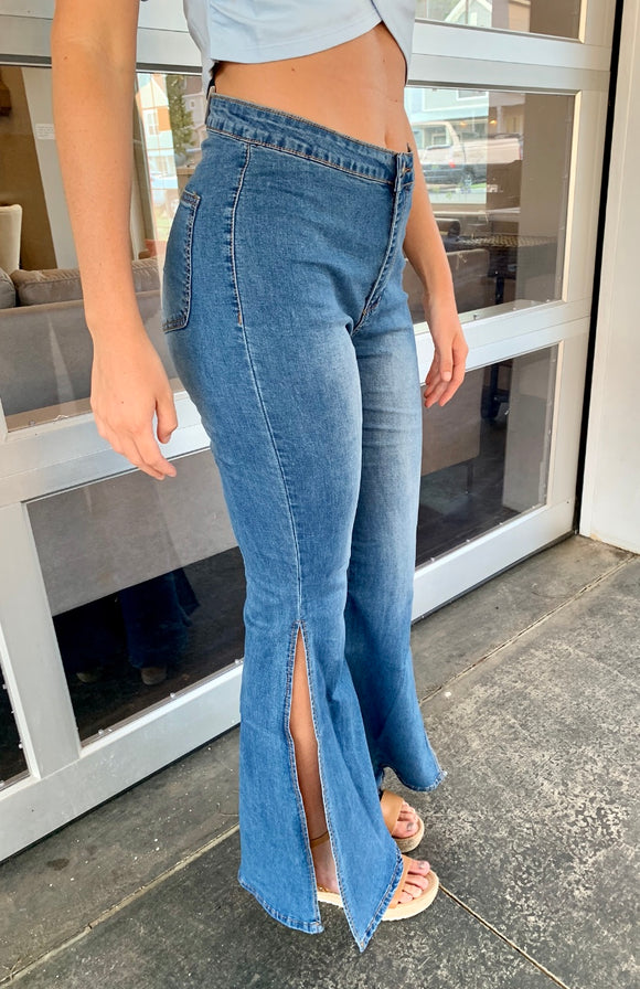 High Waisted Bell Bottom Jeans with Slits