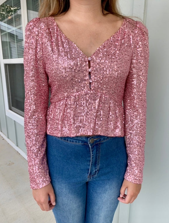 Pink Sequin Peplum Long Sleeve Top