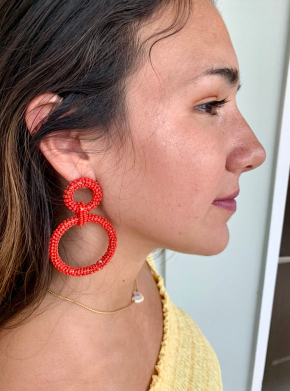 Red Seed Bead Linked Earrings