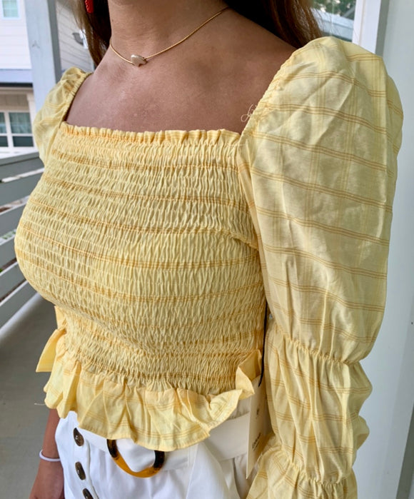 Yellow Puff Sleeve Smocked Blouse